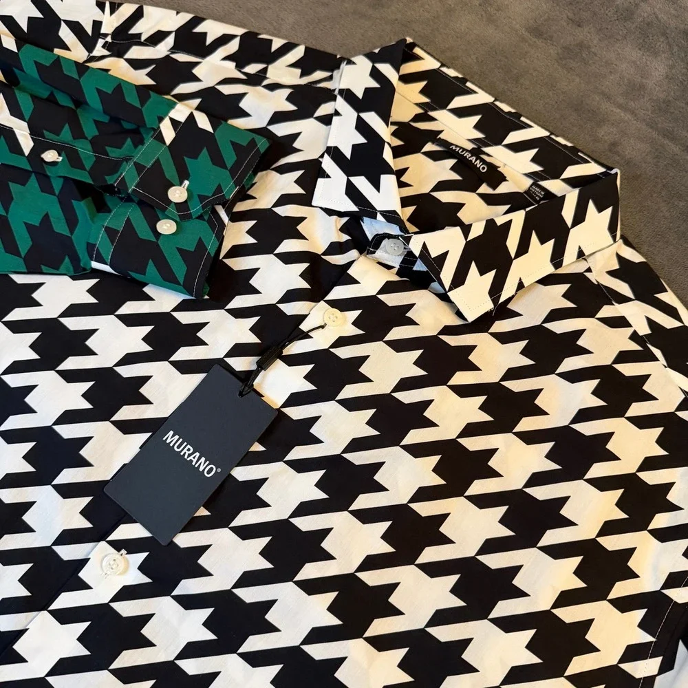 Murano Houndstooth‎ Button Down Shirt Mens 3XB Green Black White Long Sleeve NEW